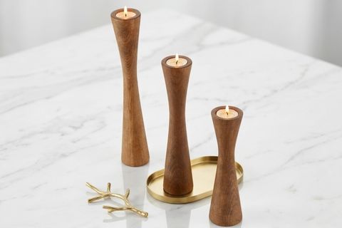 DİVAN KAYIN AHŞAP ÜÇLÜ ŞAMDAN SETİ, KOYU CEVİZ,  15-20-25 CM
