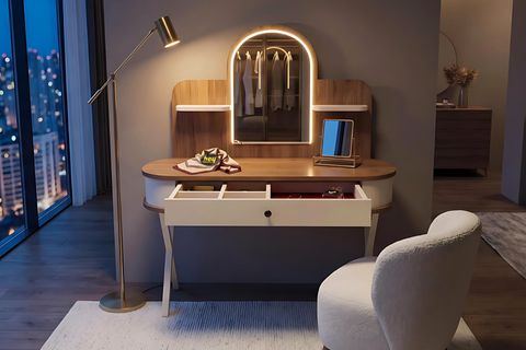 MİRA LED IŞIKLI MAKYAJ MASASI, CEVİZ KREM, 110 CM