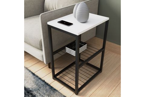 TEDİ METAL AYAKLI DEKORATİF TEL RAFLI YAN SEHPA, BEYAZ