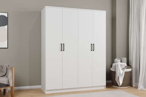 KARDELEN MAT BEYAZ ELBİSE DOLABI, 4 KAPAKLI, 5 RAFLI, 140 CM