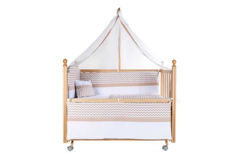 BABY TECH KLASİK ANNE YANI NATUREL SALLANIR TEKERLEKLİ BEŞİK, KAHVE ZİKZAK UYKU SETİ, 60X120