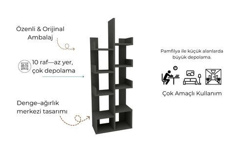 PAMFİLYA KİTAPLIK, ANTRASİT, 10 BÖLMELİ