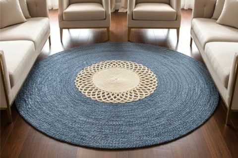 MANDALA YUVARLAK MODEL HALI, MAVİ BEYAZ, 120 CM