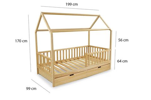 NATURKİDZ MONTESSORI ÇATILI KARYOLA,  ÇEKMECELİ, MASİF, 90X190