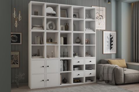ZARA GENİŞ DUVAR KİTAPLIĞI 5 SÜTUNLU MİNİMALİST AHŞAP DETAYLI KİTAP RAFI NRG KTP 1151