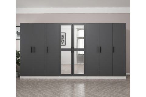 MİNAR KALE 8 KAPAKLI 2 AYNALI 4 ÇEKMECELİ DOLAP BEYAZ ANTRASİT 210CM