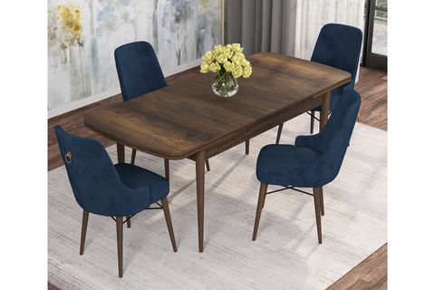 ROVENA MONA AÇILABİLİR MUTFAK MASASI TAKIMI, BAROK DESEN, LACİVERT, 132X80