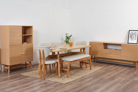 MOON BENCHLİ İSKANDİNAV MASA TAKIMI, 4 SANDALYELİ, KREM, 180X90
