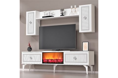 FLAME ŞÖMİNELİ TV ÜNİTESİ TAKIMI, BEYAZ GÜMÜŞ