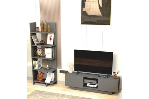 DORA TV SEHPASI VE ASİMETRİK BEŞ RAFLI KİTAPLIK, ANTRASİT