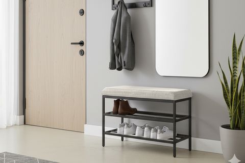 LUXE KETEN KUMAŞLI PUF AYAKKABILIK BENCH, KREM