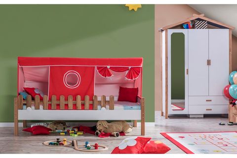 MY HOUSE KIRMIZI KUMAŞLI KALE ÇATILI AHŞAP MONTESSORİ KARYOLA, 90X200, 2