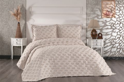 ÇAPA HOME HAYAL ŞÖNİL JAKAR SAKALLI ŞÖNİL YATAK ÖRTÜSÜ, BEJ, ÇİFT KİŞİLİK