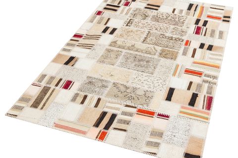 GERÇEK EL DOKUMA KREM RENGI HALI KİLİM KARİŞİMI PATCHWORK HALI-120X180 CM