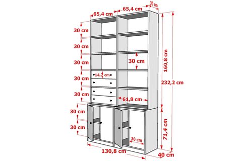 BKCONCEPT 4 KAPAKLI ÇEKMECELİ RAFLI KİTAPLIK, 130 CM, BEYAZ, KTP-1304