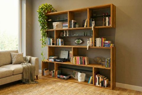 WOODESK YONCA MASİF AHŞAP KİTAPLIK, TİK RENK, 200X200 CM