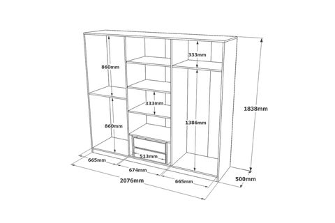 YURUDESIGN NEW HOME GARDIROP, 6 KAPAKLI, ÇEKMECELİ AYNALI, BEYAZ