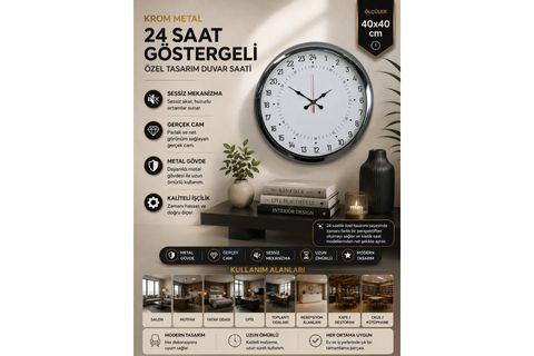 KROM METAL 24 SAAT GÖSTERGELİ ÖZEL TASARIM DUVAR SAATİ 40 CM