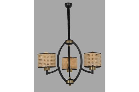 LUMEXX PAUL ÜÇLÜ SİYAH AVİZE RATTAN ABAJURLU