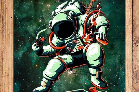 JUNGLE YEŞİL TABANLI KAYKAYLI ASTRONOT DESENLİ DİJİTAL BASKILI BASKILI HALI 100X150