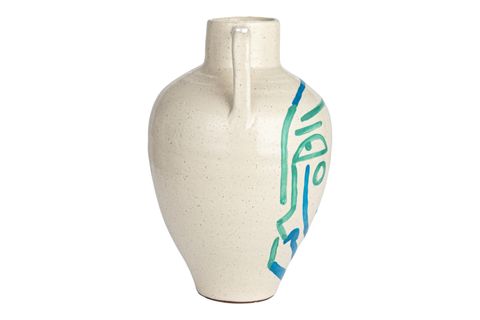 BEYAZ MAVİ TURKUAZ SOYUT YÜZ TERRACOTTA VAZO BOHO