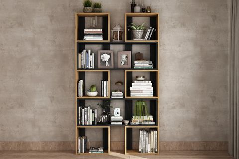 WOODESK DUBLİN MASİF AHŞAP KİTAPLIK, NATURAL-SİYAH RENK, 190X200 CM