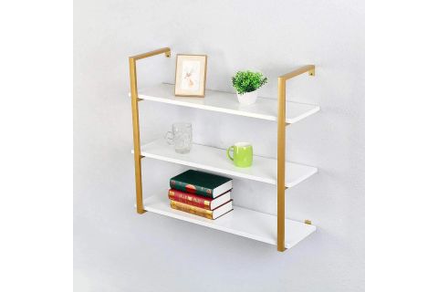 TASNİA GOLD METAL AHŞAP DUVAR RAFI 90 CM 3 KATLI