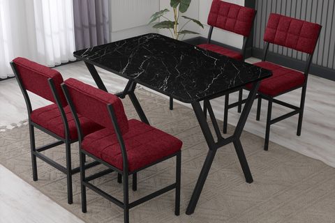 NOVA MUTFAK MASA TAKIMI, 4 SANDALYE, SİYAH, 110X70 CM, BORDO