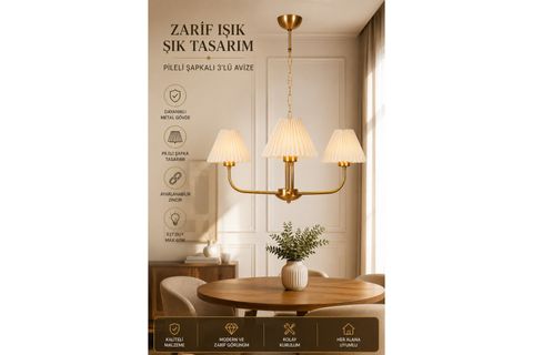 APOLLO ÜÇLÜ ESKİTME PİLELİ KREM ABAJURLU AVİZE
