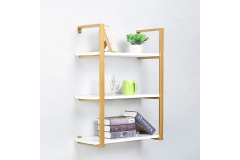 TASNİA GOLD METAL AHŞAP DUVAR RAFI 60 CM 3 KATLI