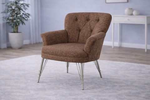 PUFY KOLLU TEKLİ BERJER, KAHVERENGİ, METAL KROM AYAK