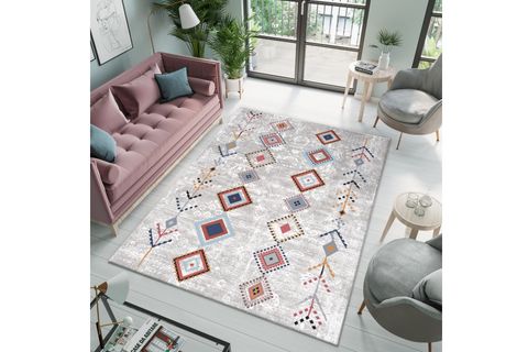 İSKANDİNAV BOHO DESENLİ BAKLAVA MOTİFLİ BAMBU DOKU SAÇAKLI DEKORATİF HALI, GRİ, 160X230