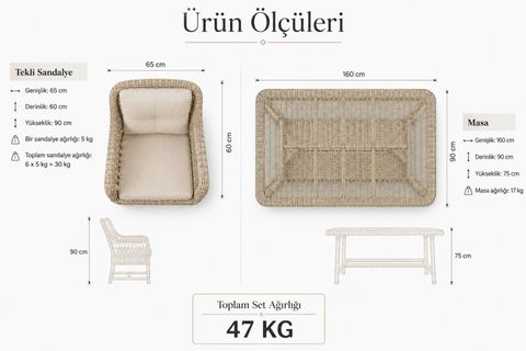 AHLAT MAXİ MİNDERLİ BAHÇE BALKON TERAS YEMEK TAKIMI, 6 KİŞİLİK, BEJ