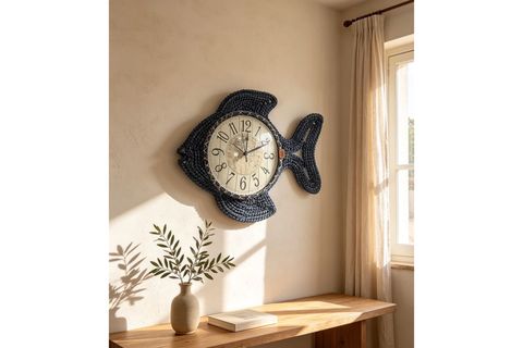 DENİZ TEMALI BALIK DUVAR SAATİ, LACİVERT, 50 CM
