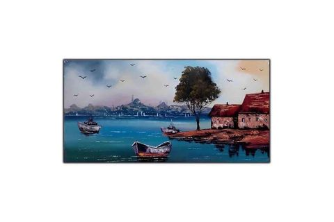 DENİZ KENARINDAKİ EVLER VE GEMİLER ORİJİNAL YAĞLI BOYA TABLO