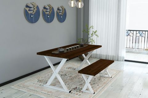 WOODESK ÇINAR MASİF BANKLI YEMEK MASASI TAKIMI, CEVİZ RENK, 140X70, CPT7618-140