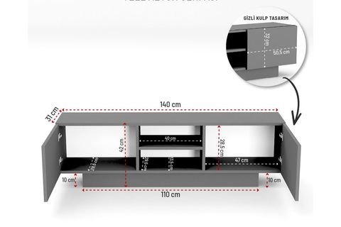 DORA ÇİFT KAPAKLI TELEVİZYON SEHPASI, ANTRASİT, 140 CM