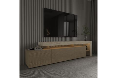 BELİZ LED IŞIKLI TV SEHPASI, TRAVERTEN/SICAK MEŞE