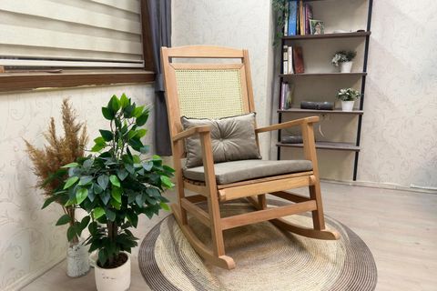 ASEDİA VERANDA HASIRLI MİNDERLİ SALLANAN SANDALYE, VİZON, NATUREL AYAK