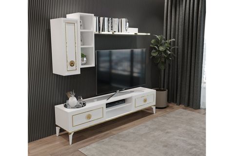 MAHUR BEYAZ MODERN KİTAPLIKLI RAFLI SEHPA TV ÜNİTESİ BEYAZ