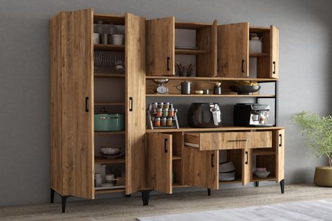 TANMOB MELİS MDL0602 ALT ÜST ÇİFT KAPILI ÇOK AMAÇLI DOLAP, 8 KAPAKLI ÇEKMECELİ RAFLI, ÇAM