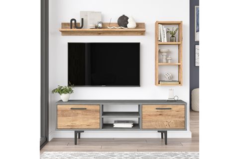 YURUDESİGN MELS TV ÜNİTESİ, KİTAPLIKLI 2 KAPAKLI, 138 CM, ÇAM