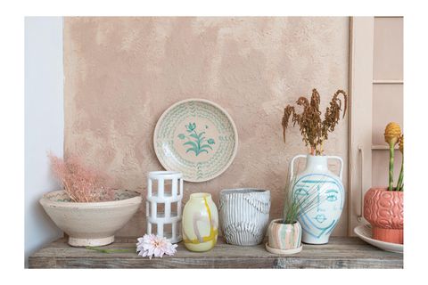BEYAZ MAVİ TURKUAZ SOYUT YÜZ TERRACOTTA VAZO BOHO