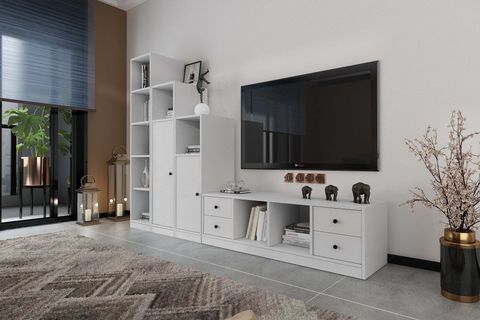 NORTH TV ÜNİTESİ, 2 KAPAKLI 4 ÇEKMECELİ, BEYAZ, 230 CM, TV-1231-Ç