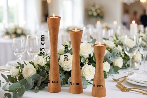 DİVAN KAYIN AHŞAP ÜÇLÜ ŞAMDAN SETİ, AÇIK RENK,  15-20-25 CM