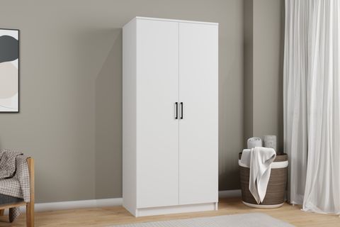 KARDELEN MAT BEYAZ ELBİSE DOLABI, 2 KAPAKLI, 4 RAFLI, 80 CM