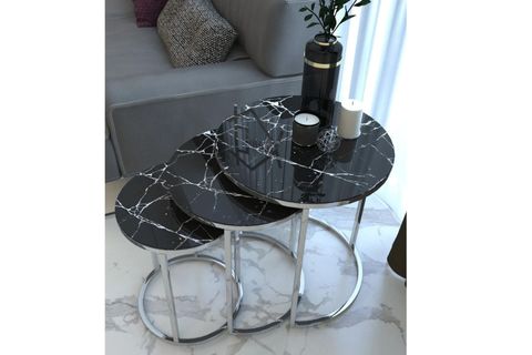 TUBİHOME MERMER DESEN SEHPA TAKIMI, SİYAH