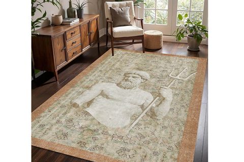 POSEİDON HEYKELİ MİTOLOJİK TASARIMLI ESKİTME DEKORATİF HALI, DOKUMA TABAN HALI, 332 YNG, 60X120 CM
