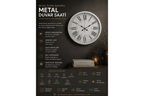 BEYAZ ROMA RAKAMLI ŞIK DUVAR SAATİ 40 CM