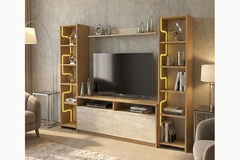 LABİRENT LEDLİ DUVAR TV ÜNİTESİ, TRAVERTEN KAPAK MEŞE